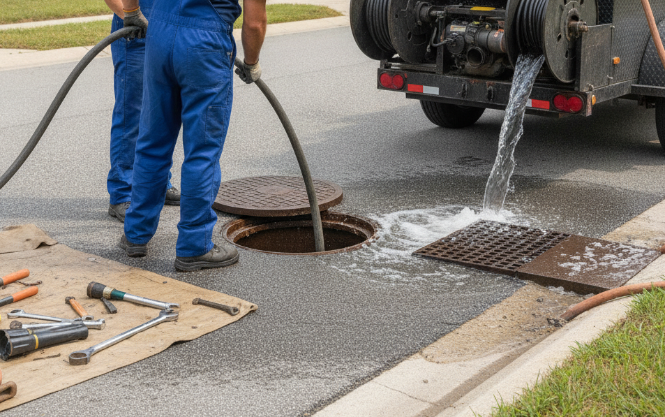 Create a realistic, professional service-business photograph showing Sewer Cleaning in progress. People may be present, but only from behind, with the backs of their heads visible. Do not show any faces, facial features, front-facing views 