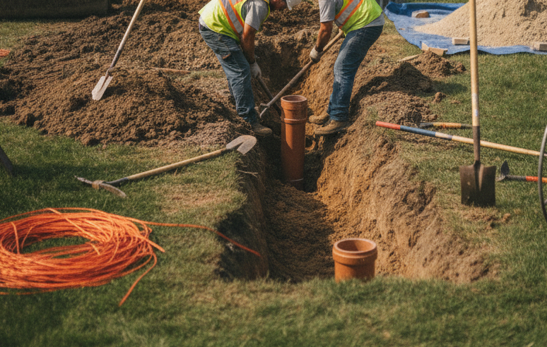 Create a realistic, professional service-business photograph showing Sewer Repair in progress. People may be present, but only from behind, with the backs of their heads visible. Do not show any faces, facial features, front-facing views or