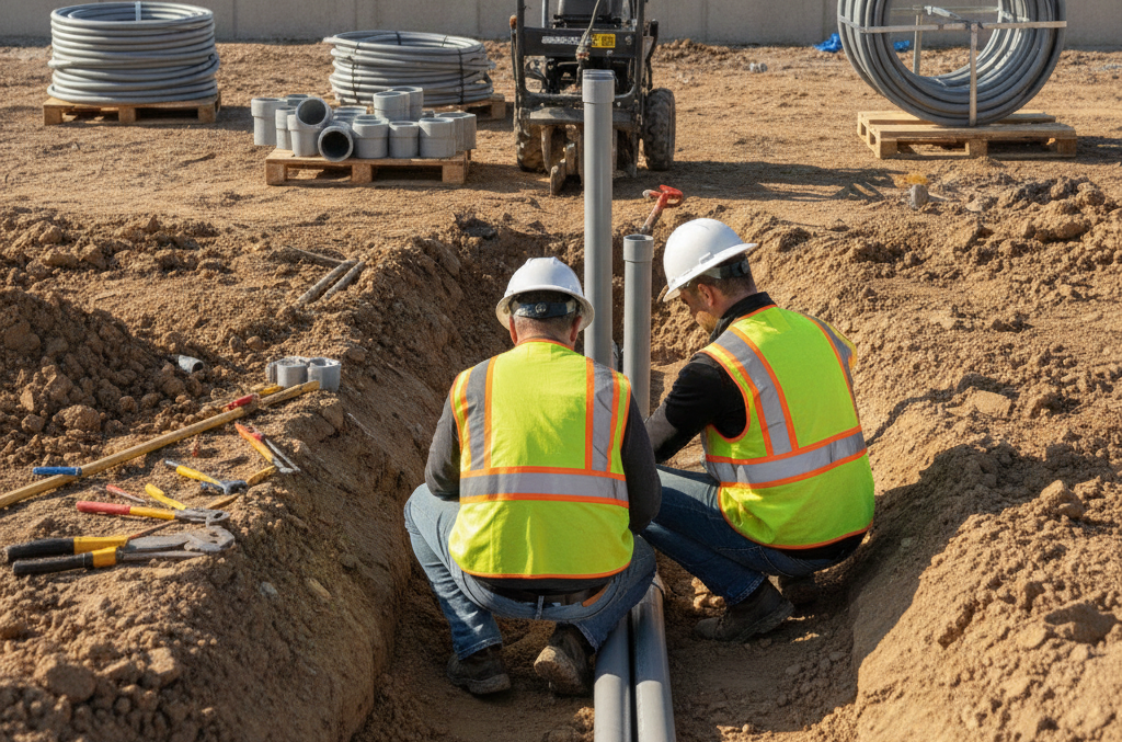 Create a realistic, professional service-business photograph showing Pipe Installation in progress. People may be present, but only from behind, with the backs of their heads visible. Do not show any faces, facial features, front-facing vie