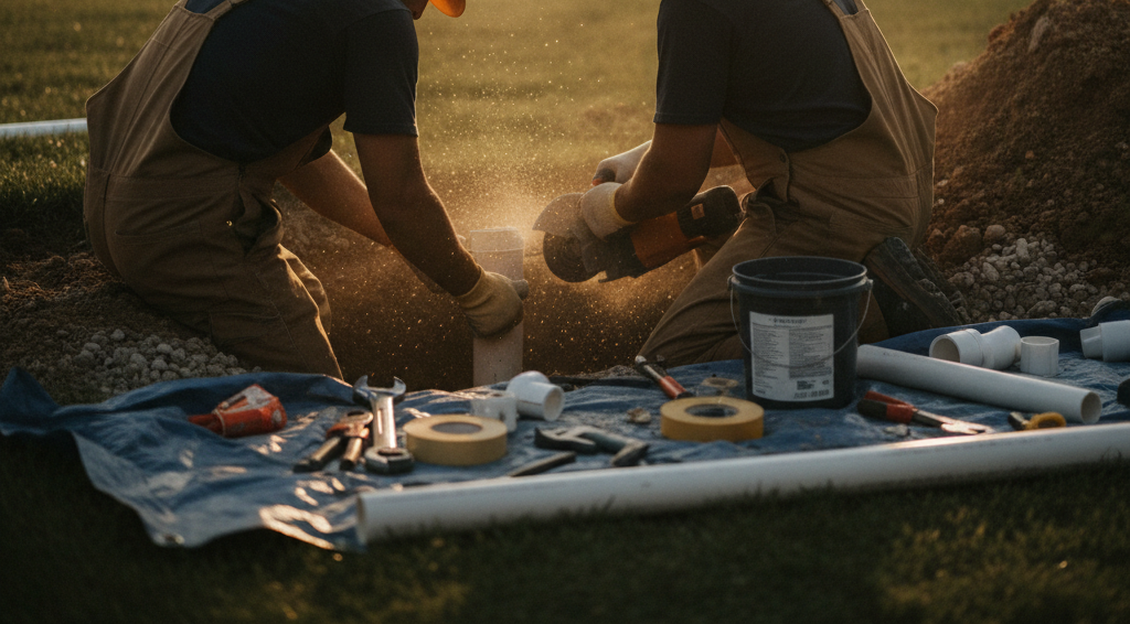 Create a realistic, professional service-business photograph showing Pipe Repair in progress. People may be present, but only from behind, with the backs of their heads visible. Do not show any faces, facial features, front-facing views or 