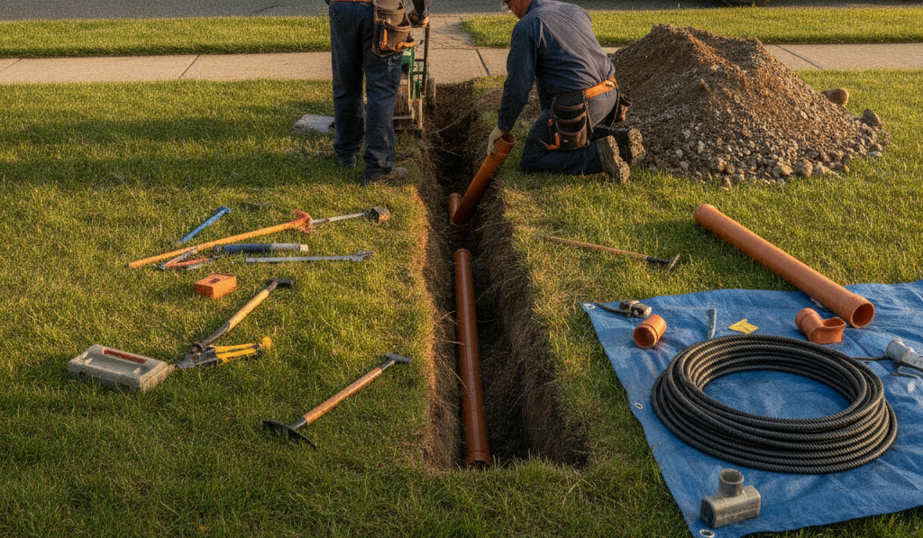 Create a realistic, professional service-business photograph showing Drain Repair in progress. People may be present, but only from behind, with the backs of their heads visible. Do not show any faces, facial features, front-facing views or