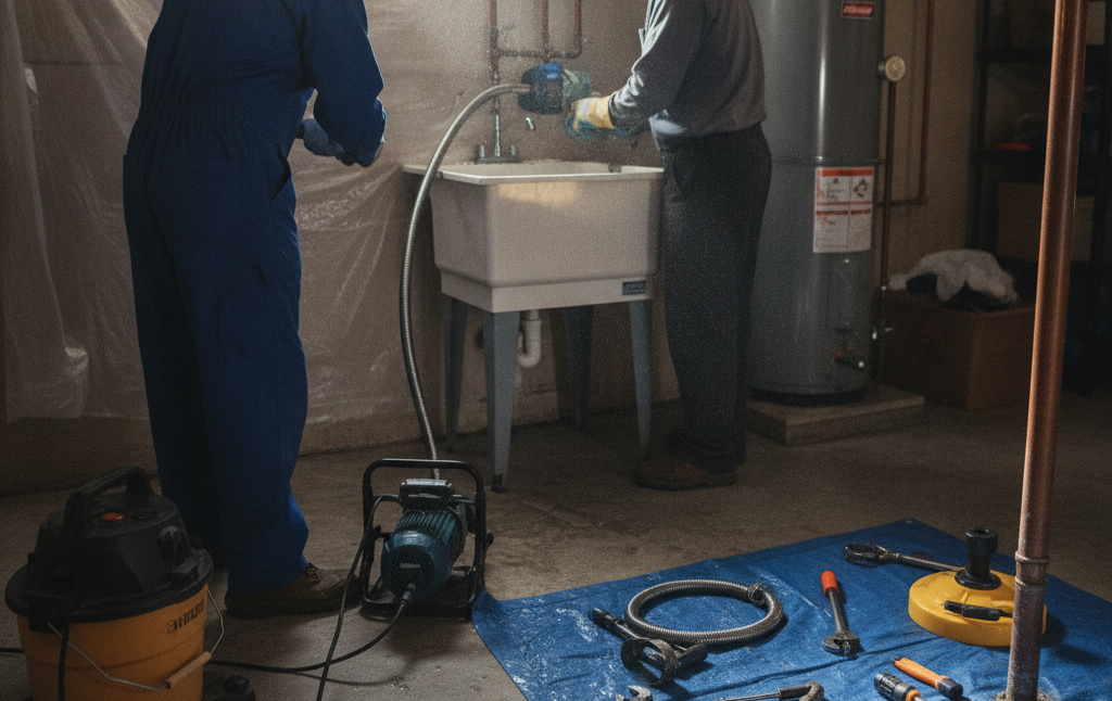 Create a realistic, professional service-business photograph showing Drain Cleaning in progress. People may be present, but only from behind, with the backs of their heads visible. Do not show any faces, facial features, front-facing views 